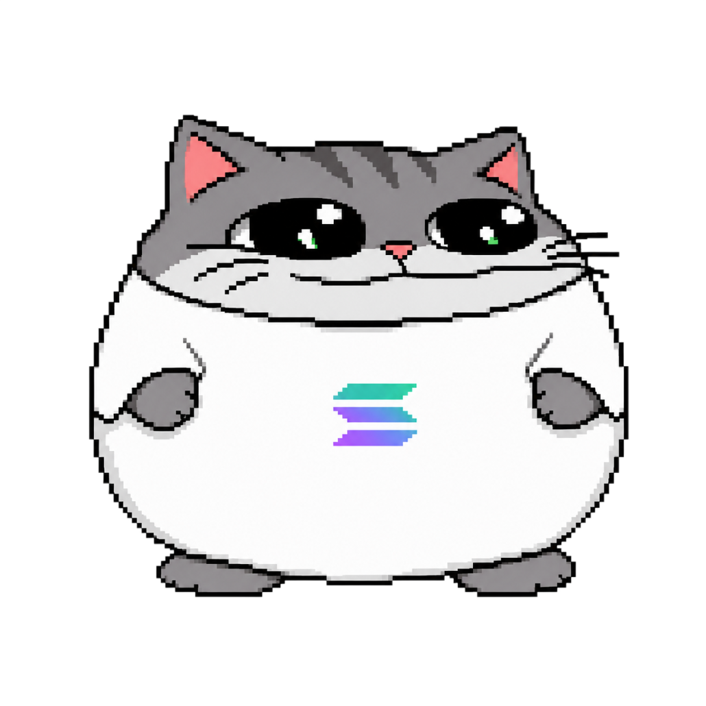 smol cat, a chubby grey tabby with a solana logo on his belly